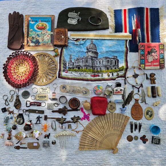vintage Other - Vintage Estate Junk Drawer Lot Linens, Keychains, Militaria, Southwest, Assort.